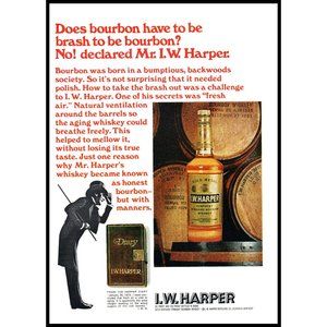 1970 I.W. Harper Kentucky Bourbon Vintage Print Ad Bottle Oak Barrels Wall Art